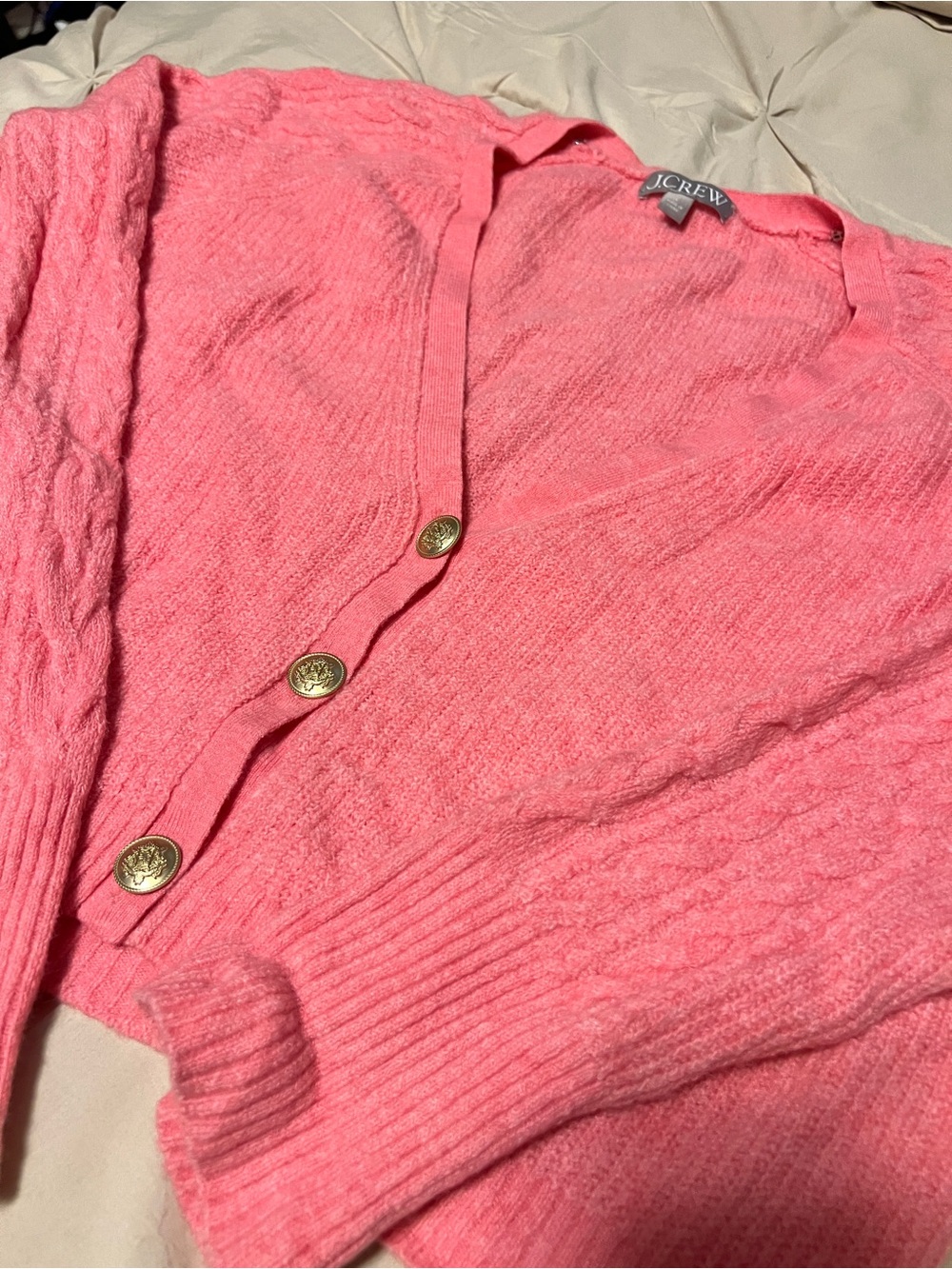 J. Crew Coral Pink Button-Front Cable Cardigan